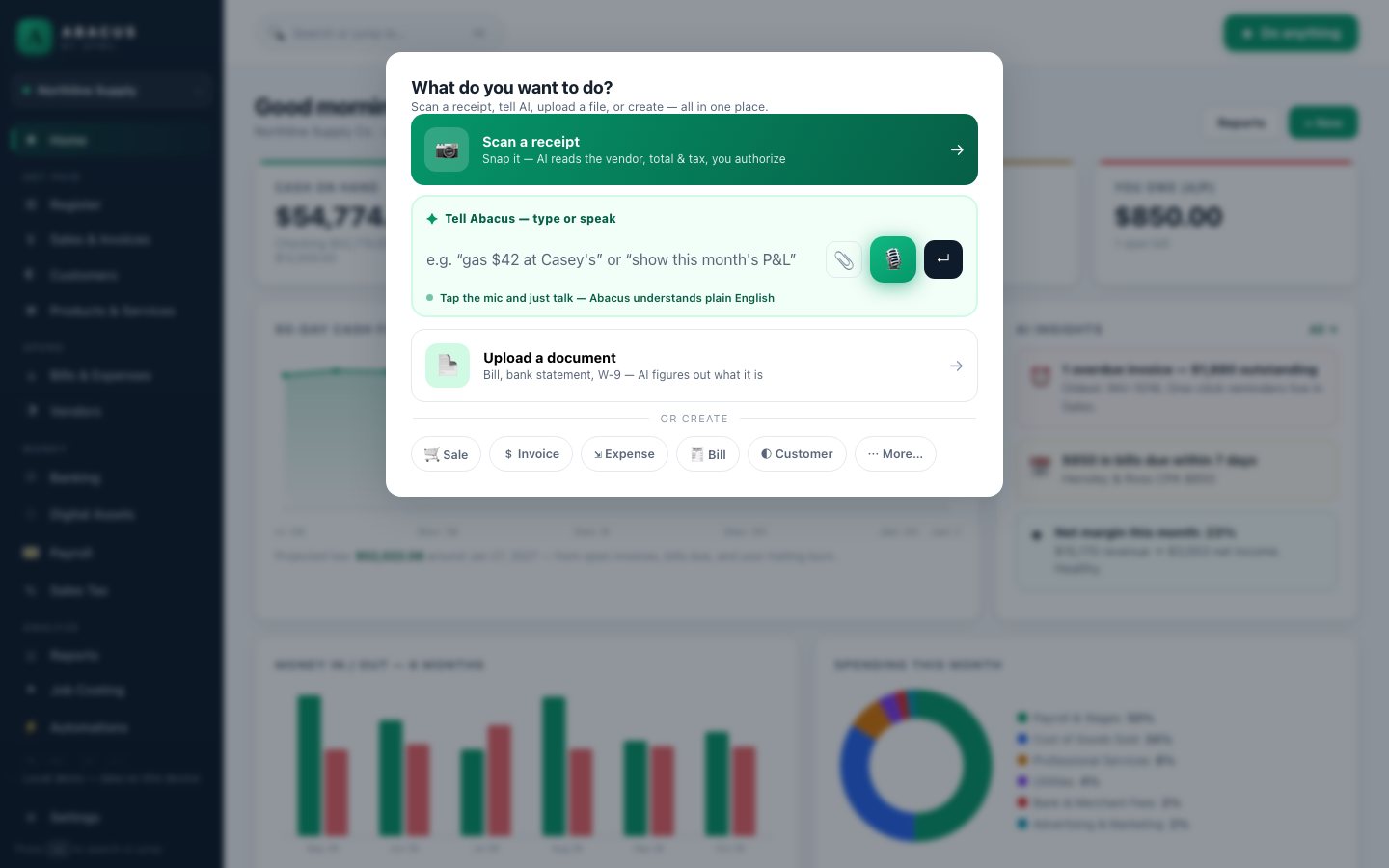 Abacus: "Do anything": snap a receipt, say it in plain English, or drop in a document