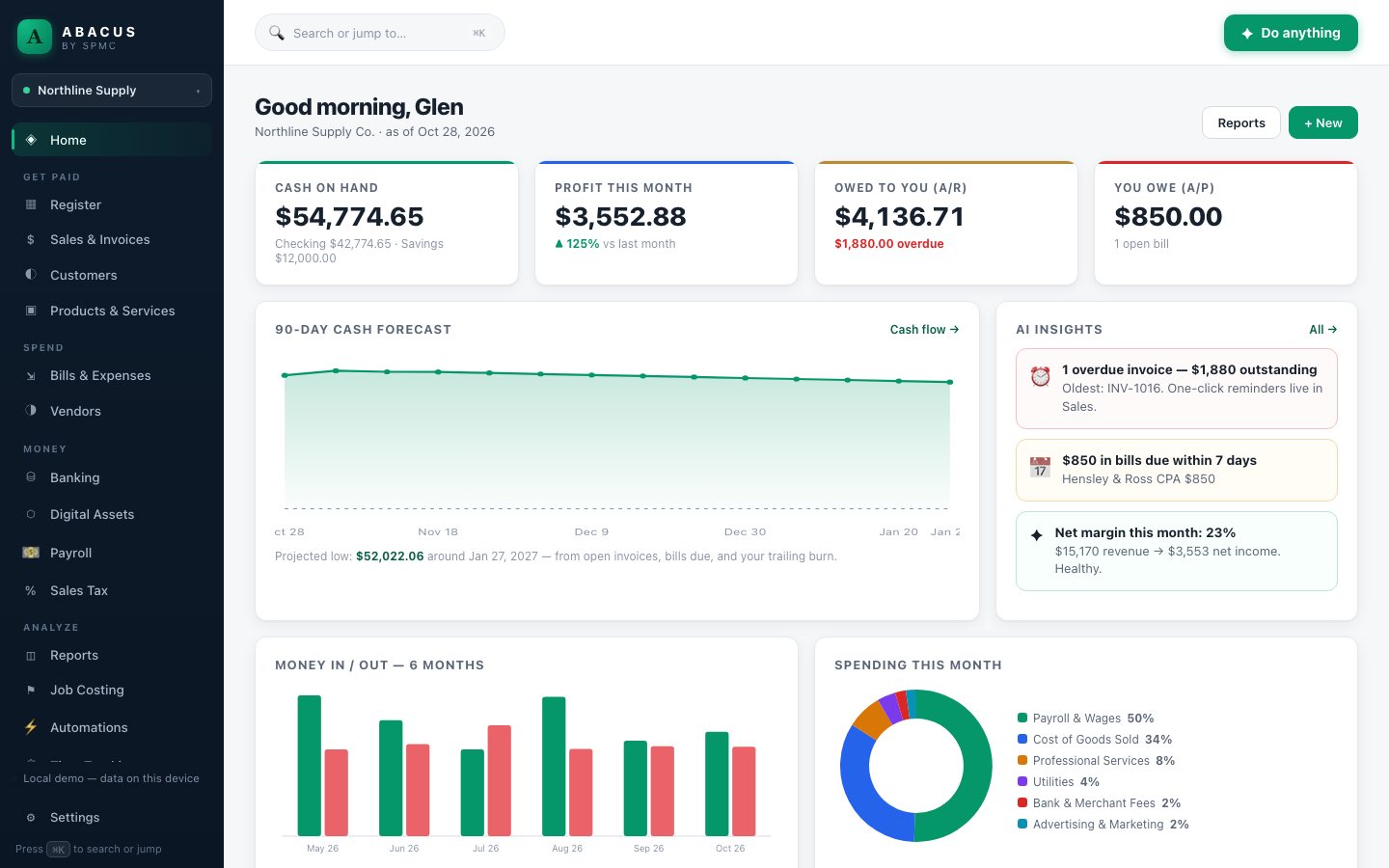Abacus: Home: cash, profit, receivables, a 90-day cash forecast and AI insights in one view