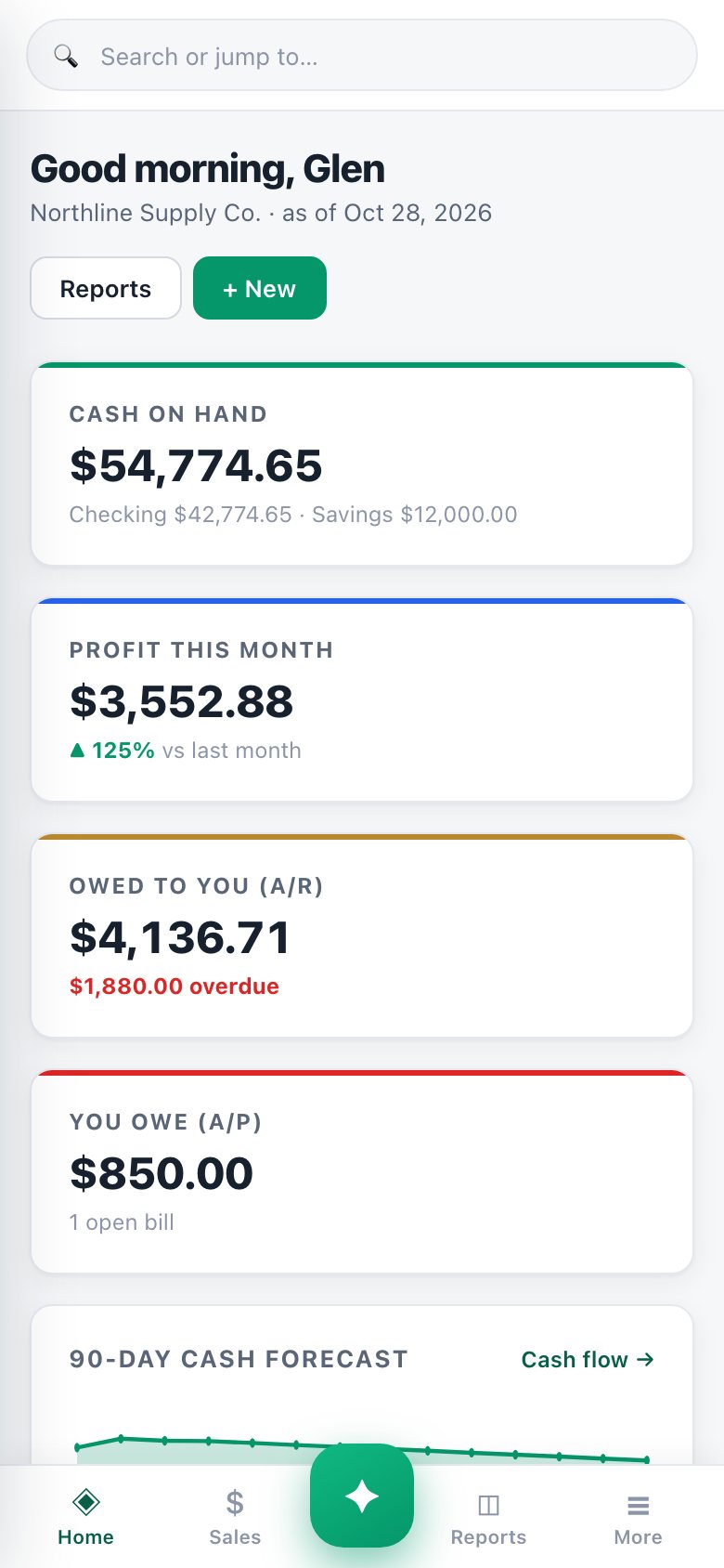 Abacus: The full ledger on a phone, with the AI button one tap away