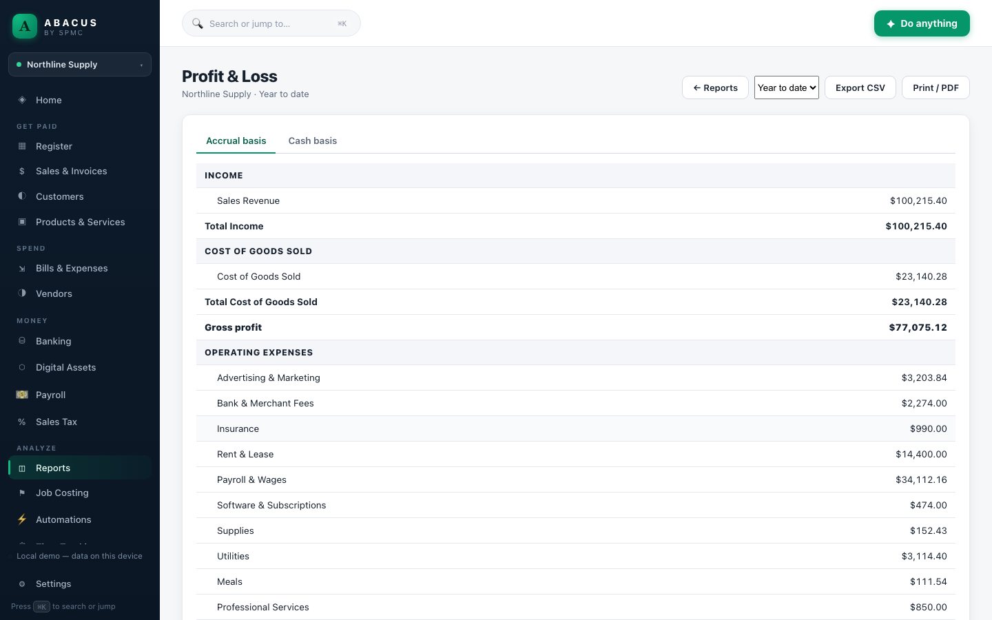 Abacus: Profit & Loss, accrual or cash basis, every line traceable to the ledger