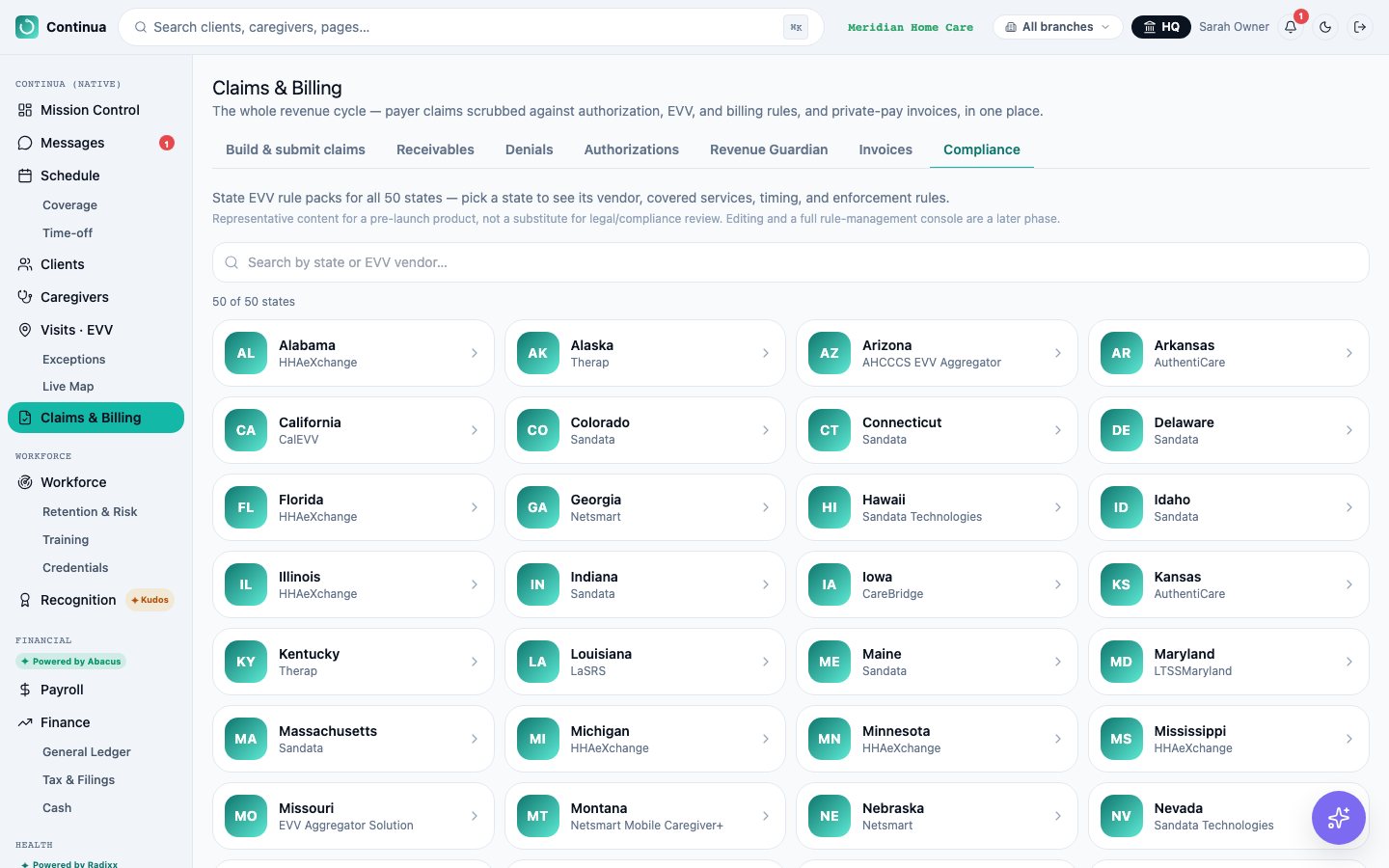 Continua OS: EVV compliance: all 50 states' visit-verification rules, checked before anything is submitted