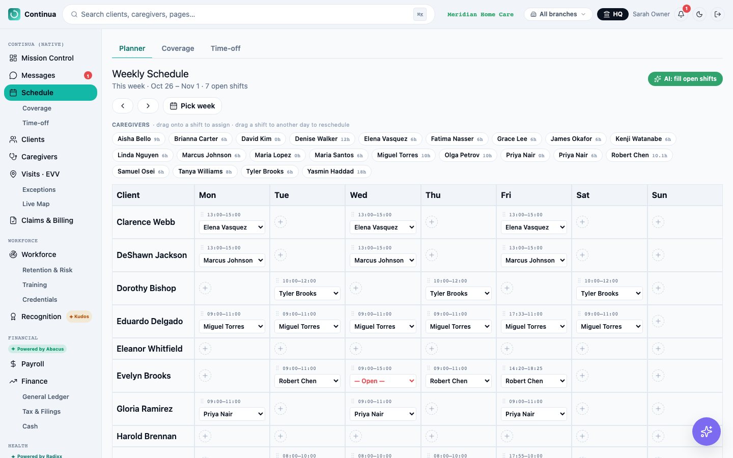 Continua OS: The weekly planner: every client and caregiver, with open shifts and conflicts surfaced