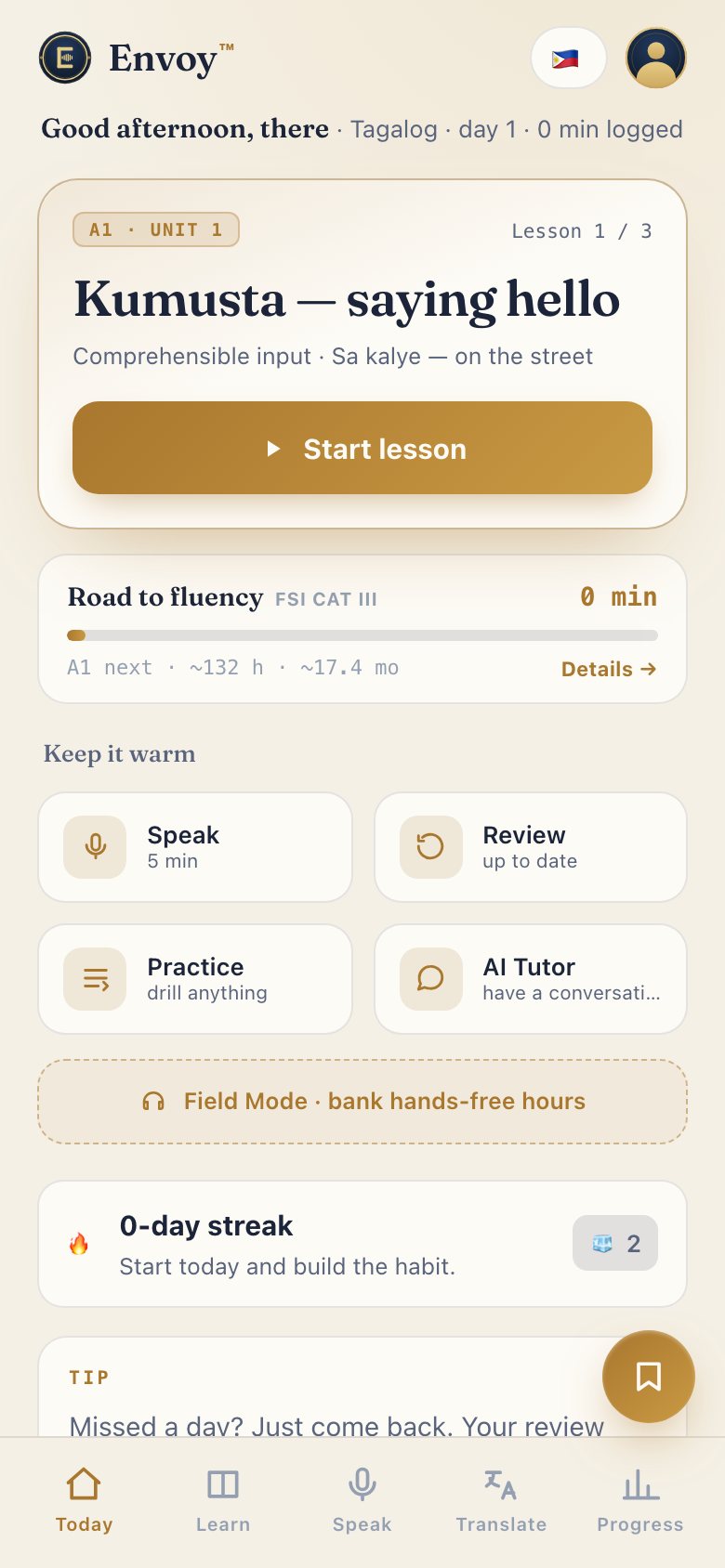 Envoy: Today: one plan for learning, speaking and review, built around your goal