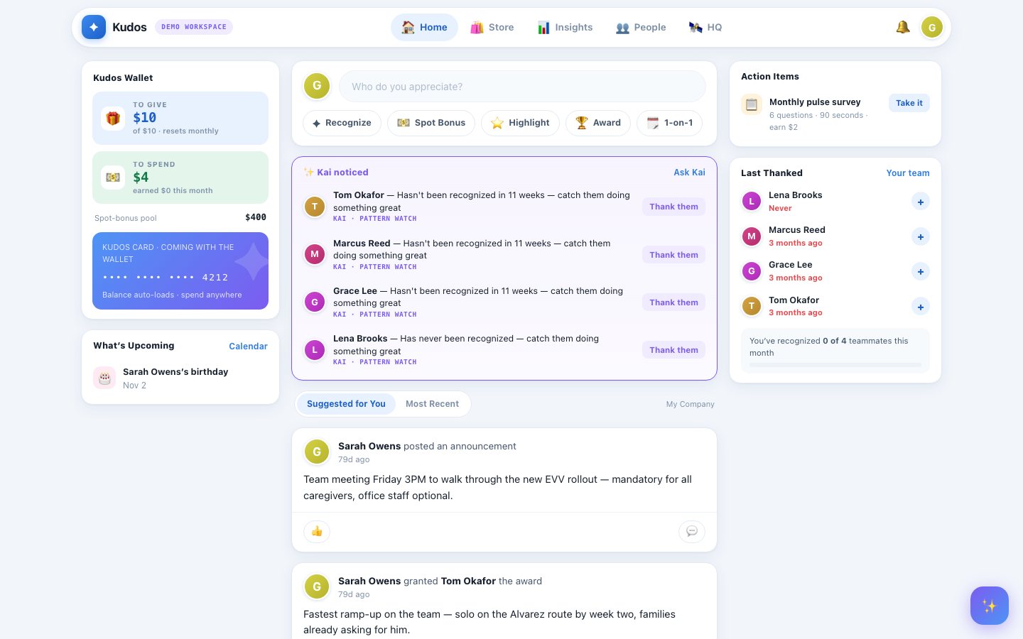 Kudos: The recognition feed: kudos tied to company values, with points that turn into real rewards