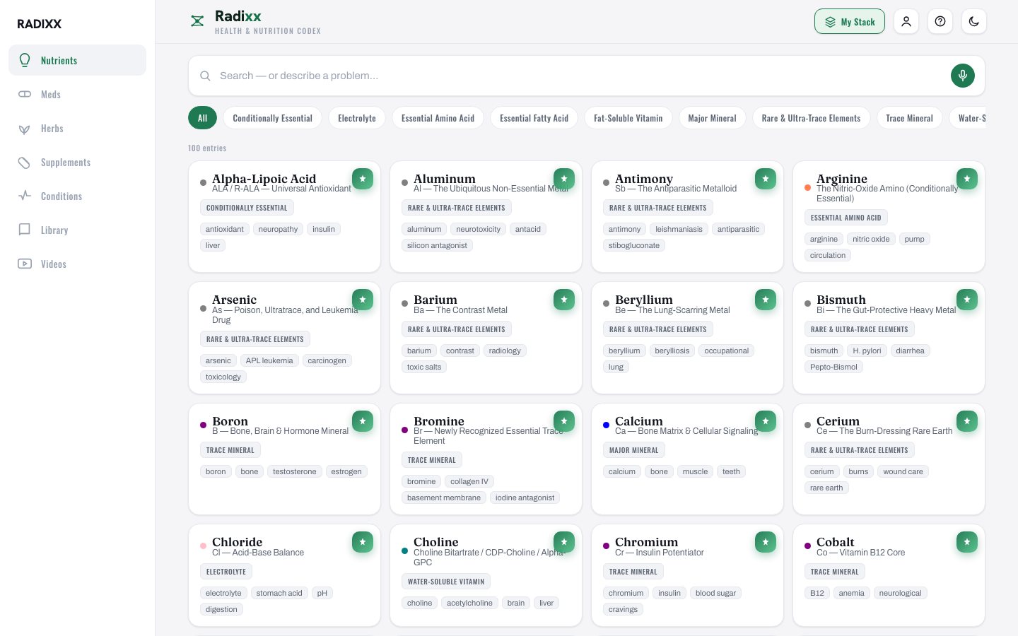 Radixx: The codex: nutrients, meds, herbs, supplements and conditions, all cross-referenced